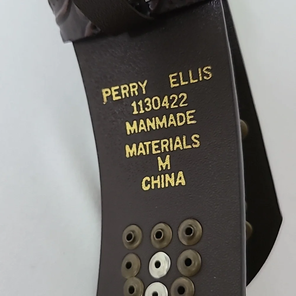 Vintage Y2K Perry Ellis Western Belt Embellished Scroll Design Faux Leather Brwn